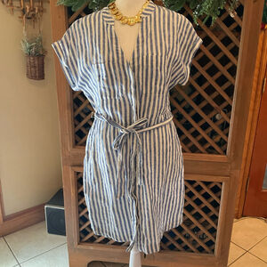 Boden Linen Coastal Preppy Resort Wear striped button-up dress 10R